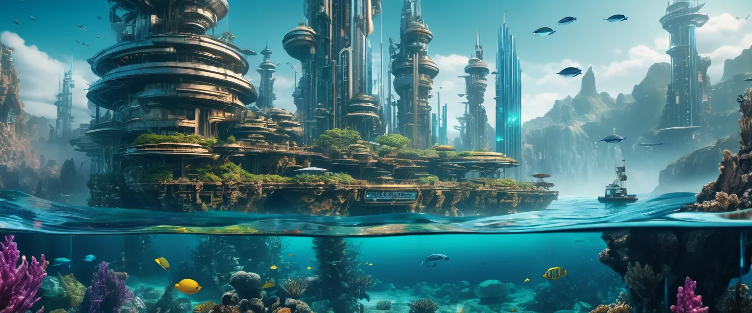 masterpiece, 8k, best quality, highly detailed, a landscape photo of a completely underwater high tech cyberpunk Atlantis 