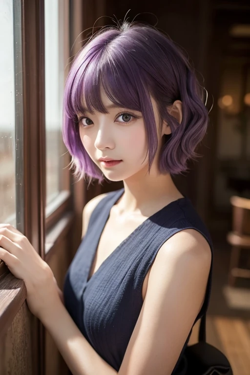  1 girl, 20age women, Masterpiece, spouse, goddess, short hair ,(( purple hair)),glass