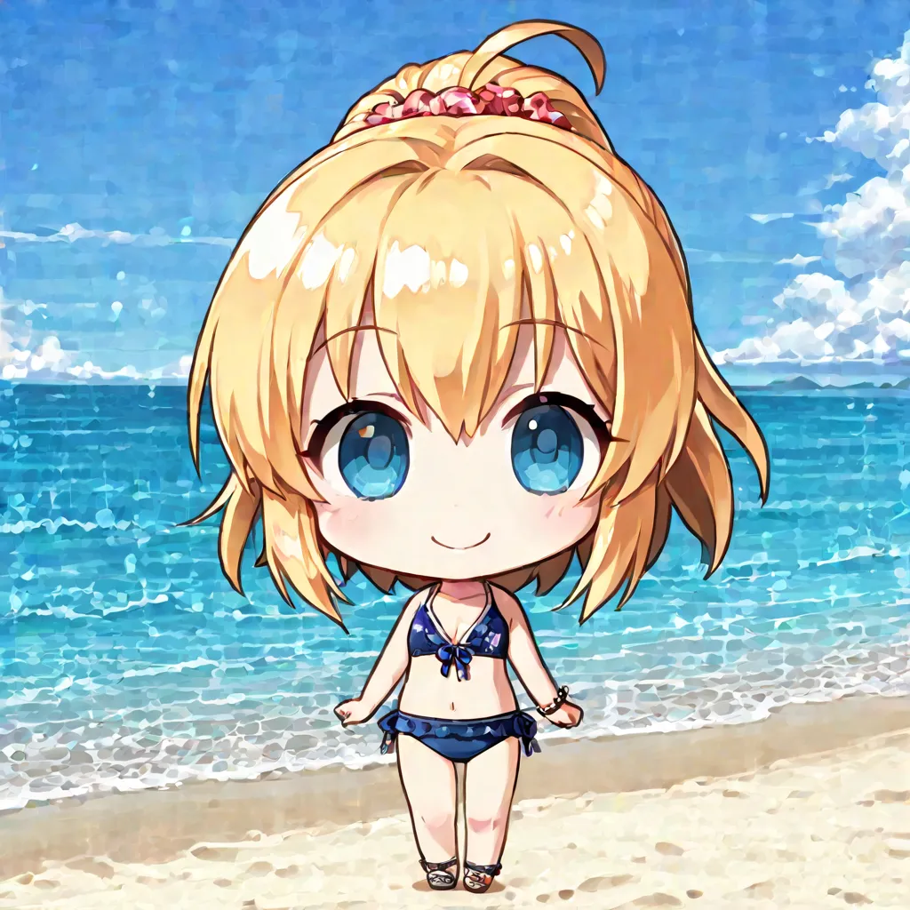 1girl, chibi character,swimsuit,cute, smile,beach, 