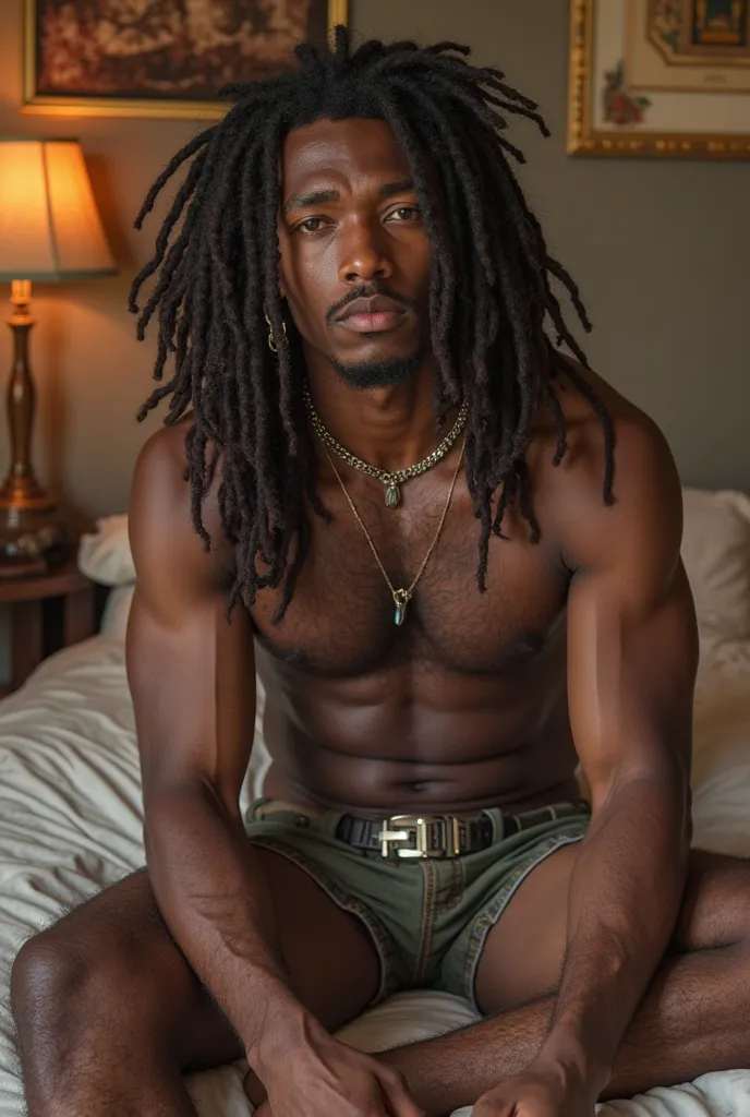 Ugly-hot black male rockstar sitting on a bed, hairy chest, muscular, weird alternative look with long locs, nosering, rockstar 80s, odly hot, shorts, kinda looks like eddie hazel and slash