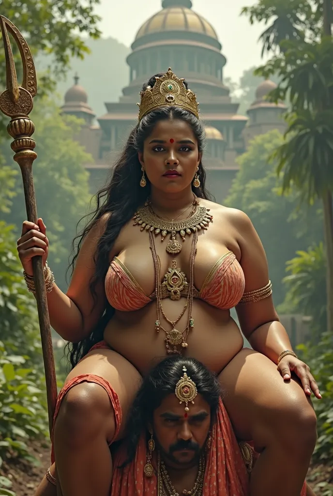 The Malayali goddess woman sits on her servant's boys shoulder, women age is 30, large breasts, wearing full of ornaments, ornamental bikinis , wearing golden Indian crown on head, Black pony tailed Hair, full figure, Drunk, walking, wearing shoes , Forest...