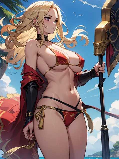 female matador 、arenas in battle、Spain、 blonde curled hair 、 topless matador、bigger breasts in bikinis、 Slim waist、Big Breasts、 sharp eyes、Holding a sabre
