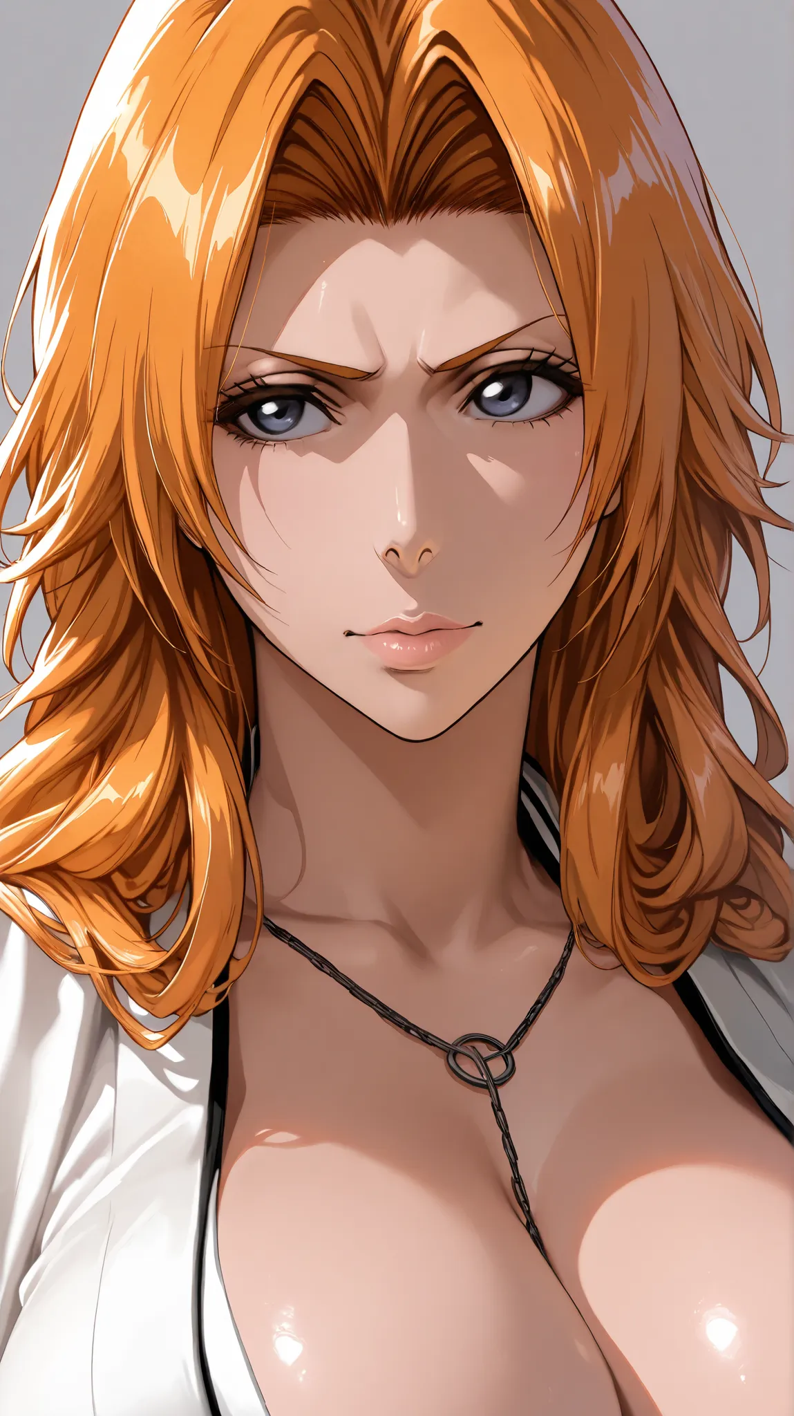 masterpiece,  top quality,  vibrant,  Very Aesthetic,  High Contrast , Semi-realistic, BLEACH、Matsumoto Rangiku, 1 girl, solo,  big breasts,  simple background,  long hair, 