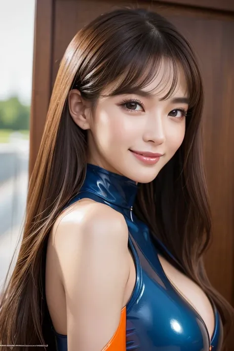 ( 1 ultimate beauty)、Perfect dynamic composition of a beautiful and beautiful woman 、 Super Detailed Color、 detailed lips 、 detail eyes、 double eyelids、 long brown hair, (( smiling with her mouth open ))、((huge breasts))、( Dark Blue and Orange Latex Racing...