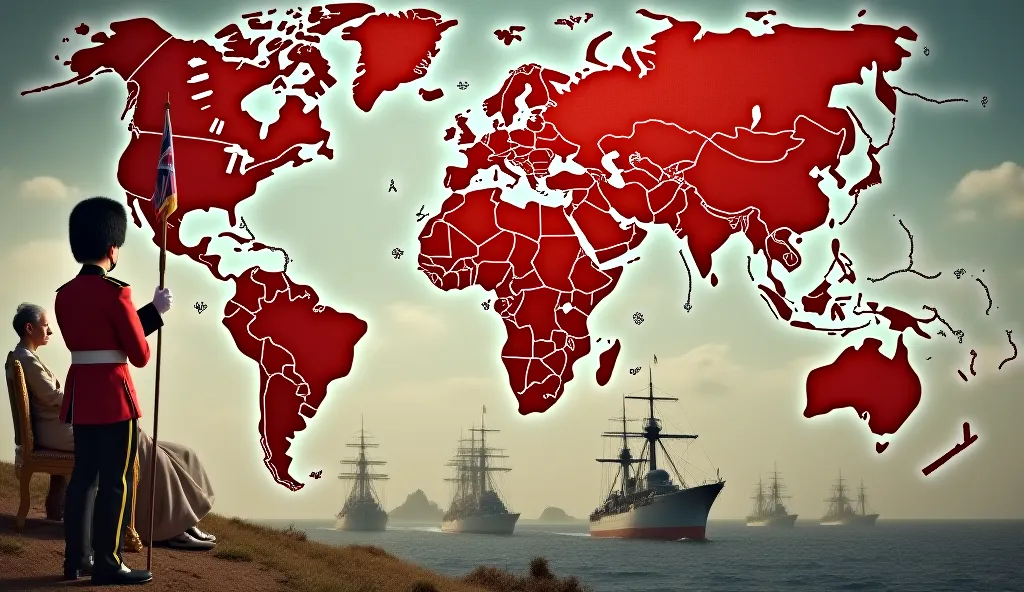 A dramatic and cinematic image showing the British Empire at its height. A large, detailed world map in the background highlights British-controlled territories in red. In the foreground, a British soldier in a redcoat uniform stands proudly, holding the U...