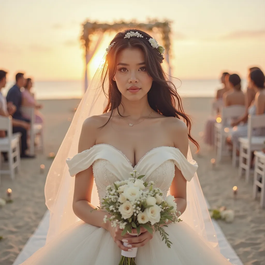  POV facing forward: A female idol with a seductive look IN her MID 20(BRIDE ) light black hair (WHITE AND CLEAR SKIN) ( WEARING  White PUFFY DRESS WITH MINI FLOWER IN HER HAIRPIN and Veil) how long a flower bouquet (wedding) BACKGROUND IS BEACH WEDDING wi...