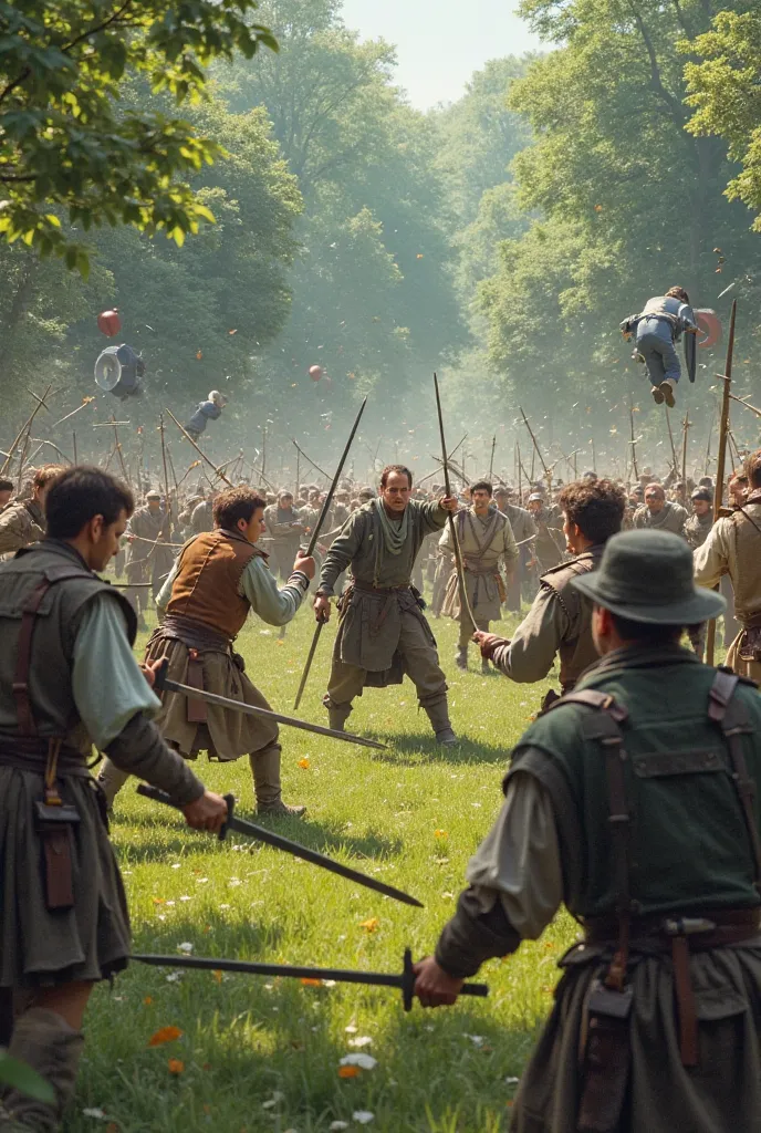 People fighting with weapons fighting each other in normal clothing
 In a field with others fighting Literary characters and in the background of the forest