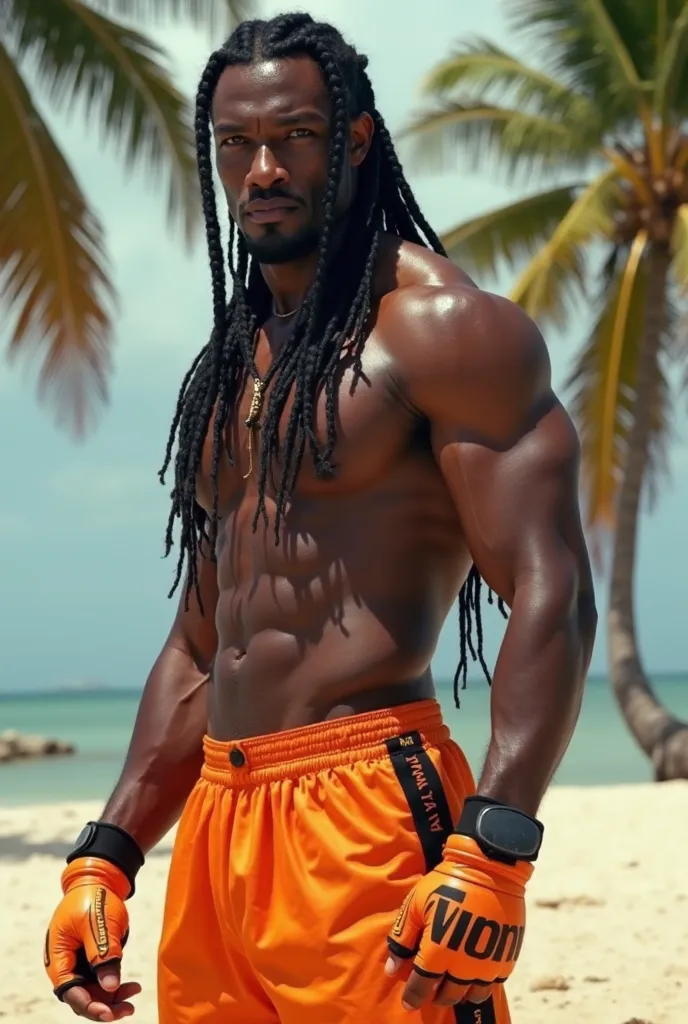 Make a muscular negro, (Wesley Snipes) tall with 1,92 meters tall, with 6 very long Dreadloks braids tied , light green eyes, without shirt, with Thaikendo fighting gloves, With Capoeira pose, oranges, with wide capoeira pants, orange, with a thick black s...