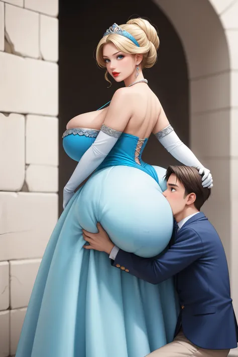 1girl 1boy, Disney Princess Cinderella is smothering a boy using her giant butt. super wide hips, beautiful light blue gown with hip swags and large puffy sleeves, (Cinderella is wearing light blue satin elbow length gloves), full gown, gorgeous gown, volu...