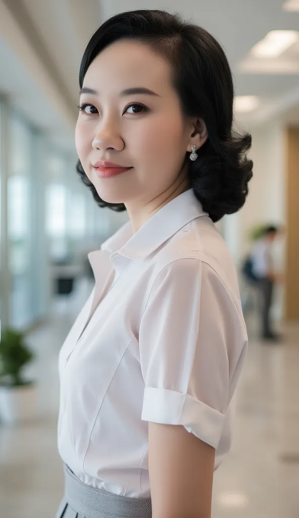 40s beautiful Lady in working white shirt on bright blured office hall background