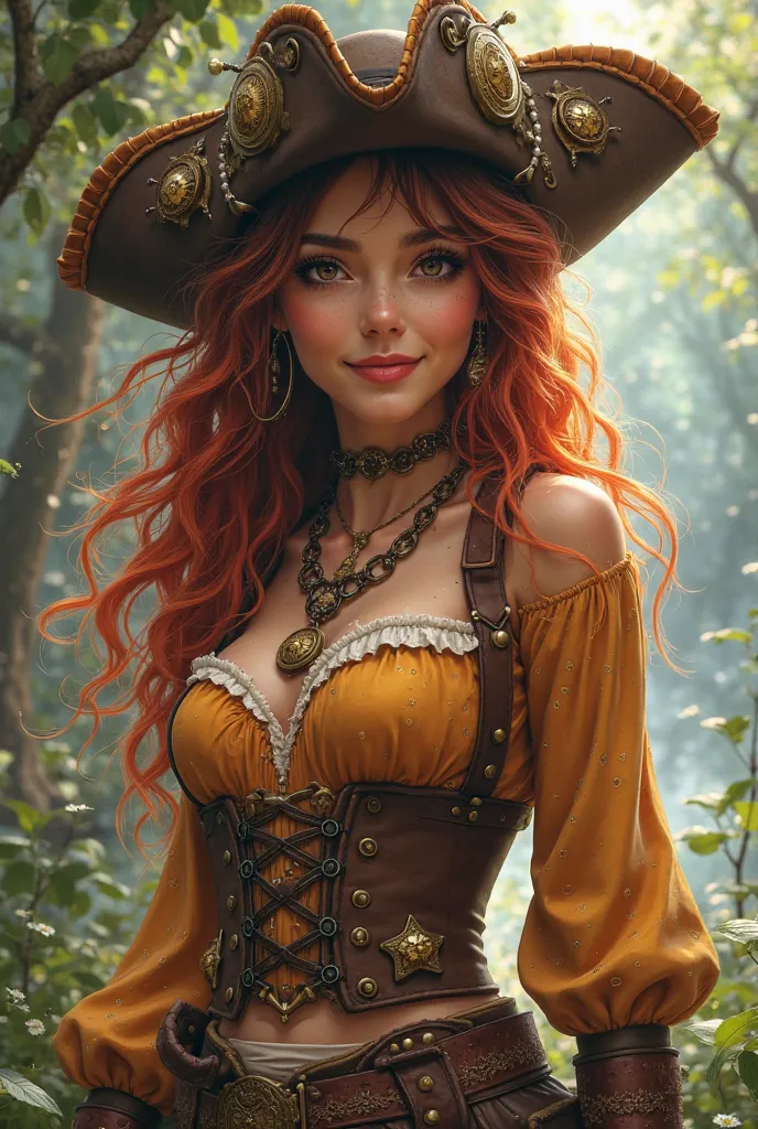  woman with brown eyes , wavy colored hair, pirate clothing brown and orange , fantasy poses 90s style piercing, and smiling 