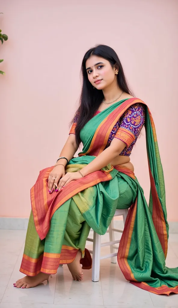 Full lenghth photo of malayali woman , ethnic saree, ethnic blouse, looking towards camera, sitting pose, hee feet has nail polish
