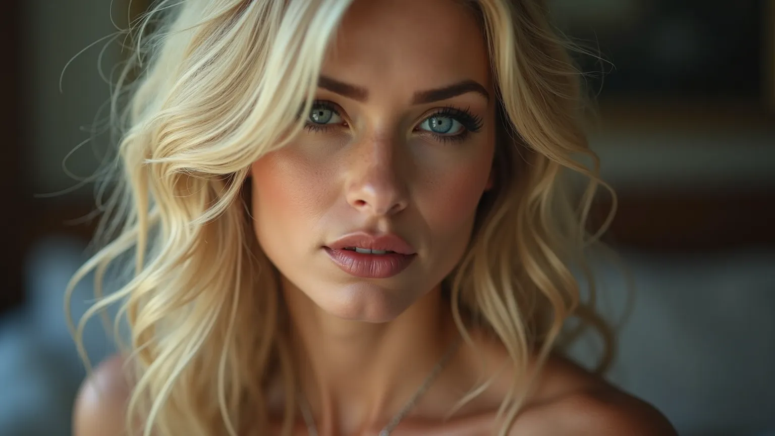 Close-up of a blonde woman with blue eyes, wavy hair, and striking makeup, with a seductive gaze and glowing skin, ultra-realistic 8K image.