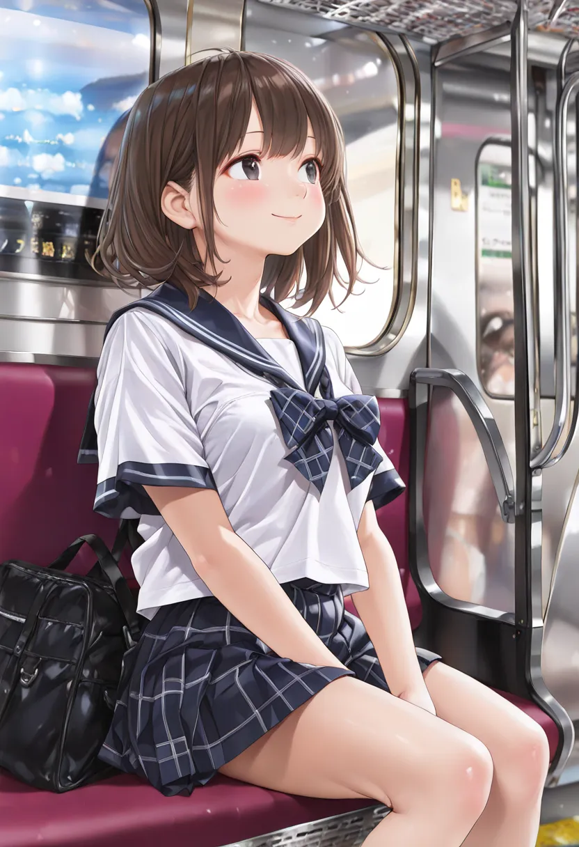 (masterpiece:1.3), (8k、realistic, RAW photo, top quality:1.2), ((A cute, A beautiful girl is staring at me on the commuter train)), (Very beautiful Japanese girl), (1 girl), (difficult), (cute:1.3),  Perfect Symmetrical Face,   let me eat 、 nice smile, 赤い頬...