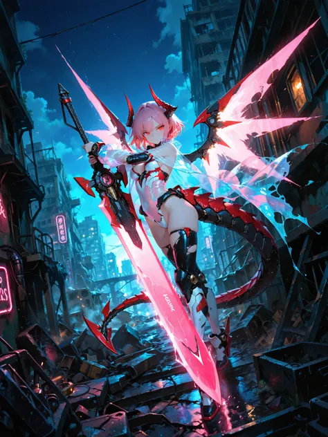 masterpiece, best quality, very aesthetic, absurdres,,full body, 1girl, neon lights, see-through holographic clothing, see-through torn cape, dragon horns, mechanical tail, mecha musume, tsurime, holding greatsword, huge weapon, draconic wings,energy wings...