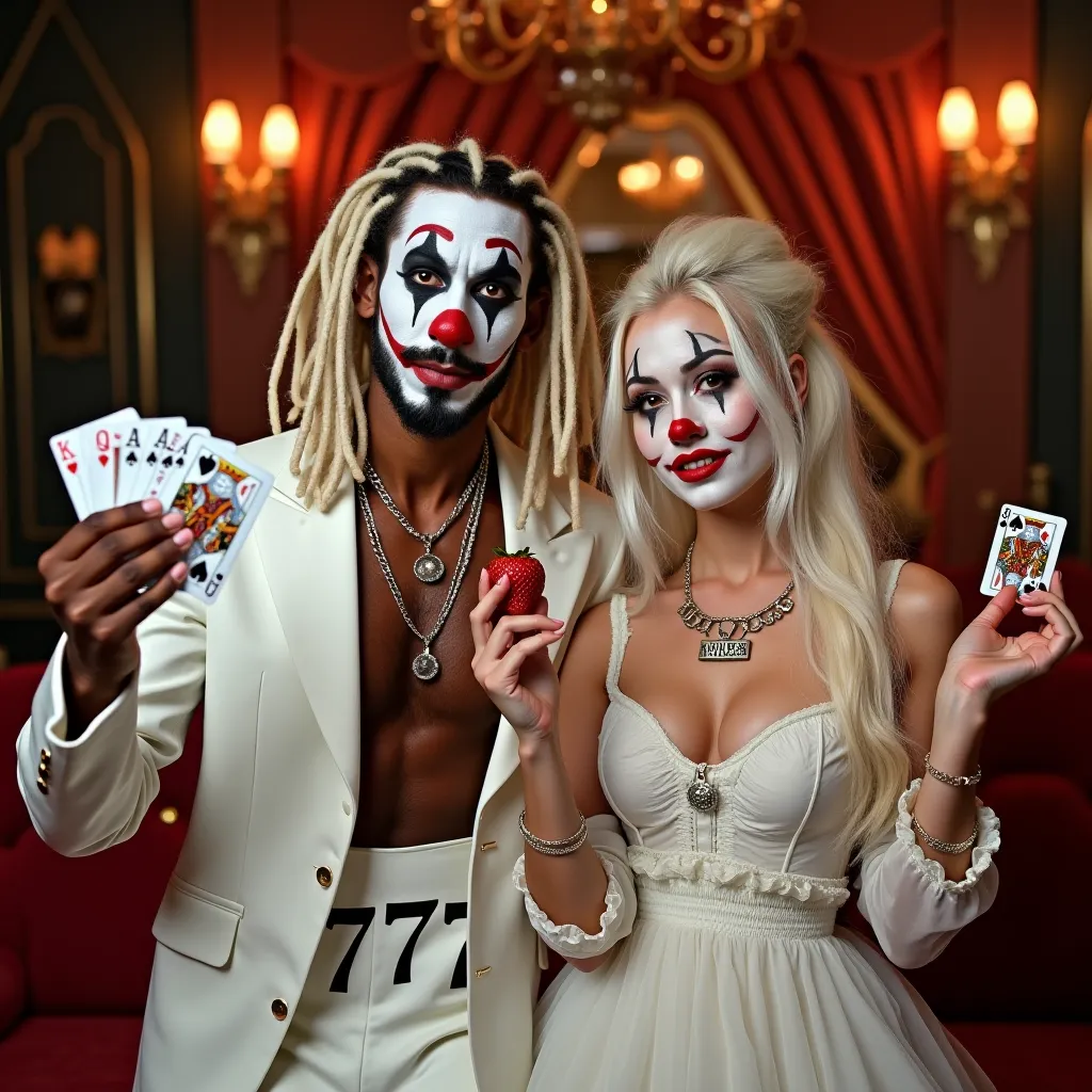 A vibrant and elegant couple dressed as clowns in a sophisticated and lively environment. The man wears a stylish white costume with the number '777' on his chest, has long white dreadlocks and clown makeup with black and red details around the eyes. Her e...