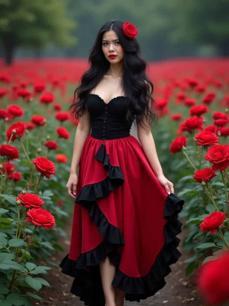  A red rose garden , In the middle of the garden a thirty-year-old woman, cheeky look, long hair, black and wavy,  wearing a black bodice , red skirt with seven ruffled black, barefoot, a red rose on the left ear and red lipstick. Focus on the garden