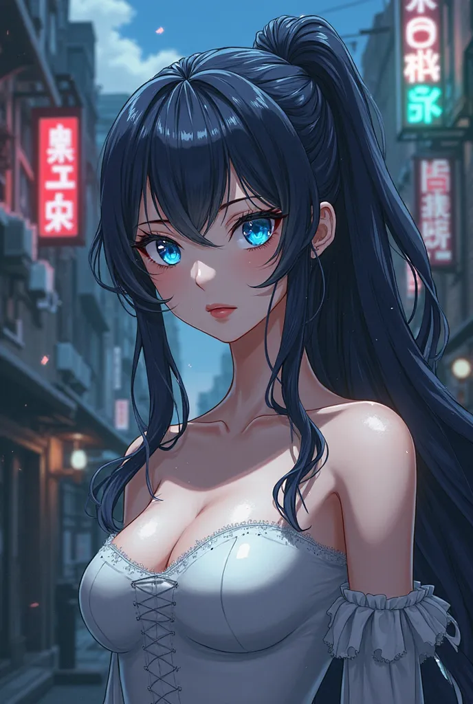 Anime style girl long hair tied up red, blue eyes with sky lens with lens sexy body figure with big breasts white skin Yakuza