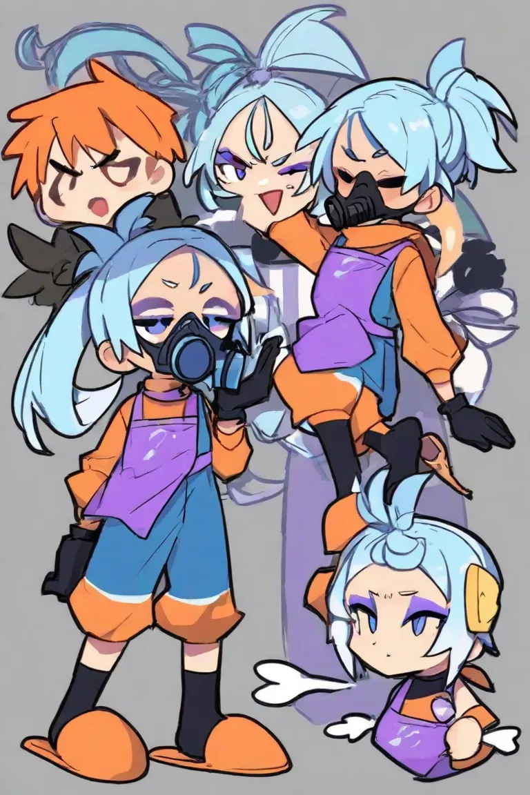 Basic Color、Half Face Gas Mask、Light Blue and Purple Striped Hair、Upbanged Ponytail、Purple Zitos 、purple eyeshadow、Orange Neck Warmer、Light Blue Jumpsuit、Purple Apron、 black gloves、orange slippers、 black socks