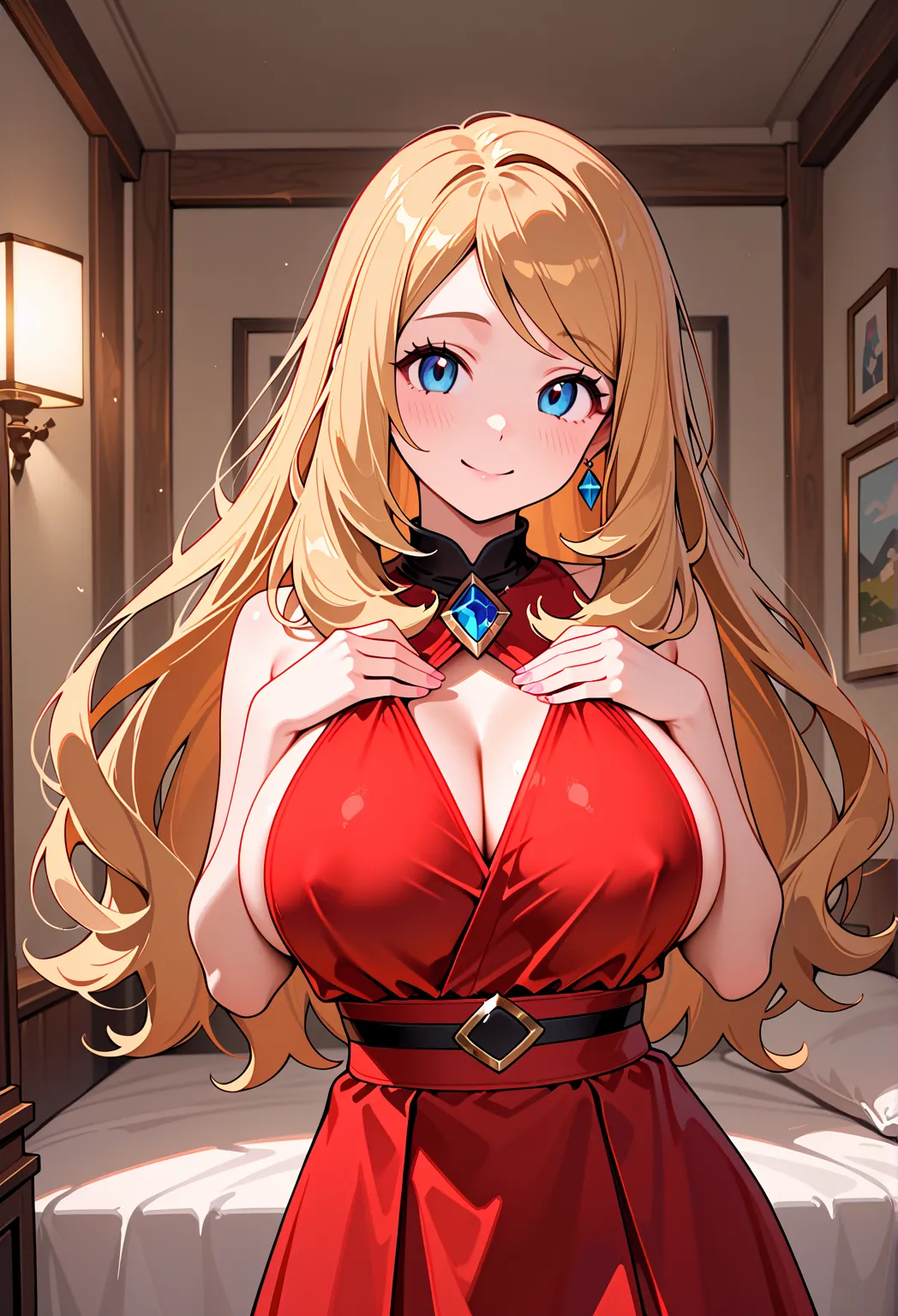 Serena from pokemon, she is pretty young women age of 19 year old , her eyes are crystal blue,she has yellow long hair, her breast size are small , she wears a vergin dress , she smile gently , she looking at front, she stands, in high qualitiy 