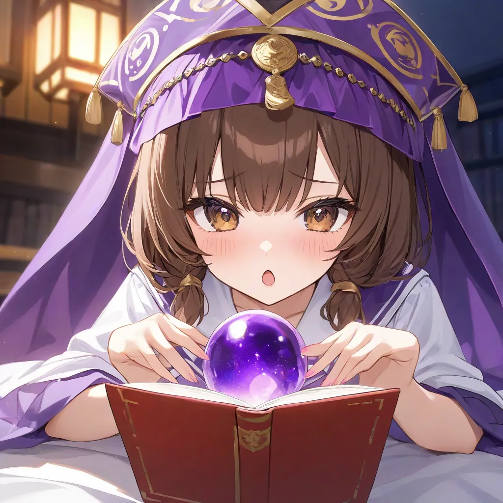 with an anime-style taste、A girl with short brown hair wearing a high school uniform、Raise a purple crystal ball、 on top of your head 。dressed as a fortune teller