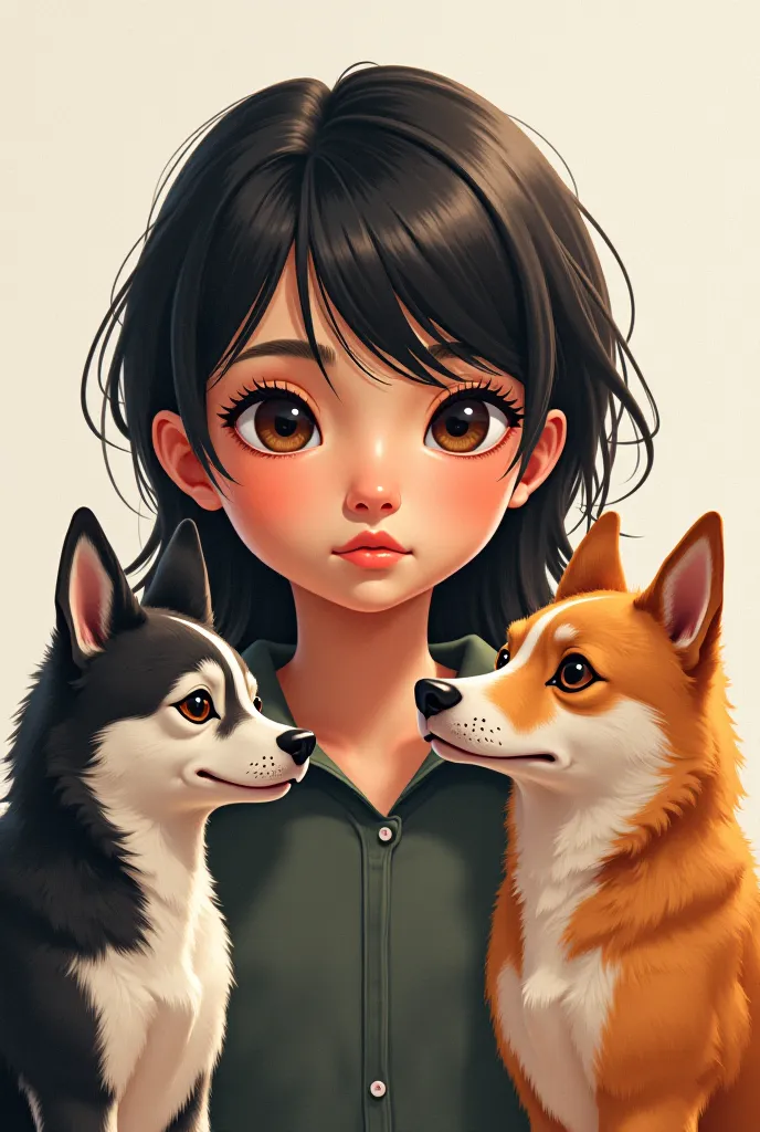 Create images digital high detailed illustration draw style 
Create images which show the person.hakime .3 kinds of animal dog.   
