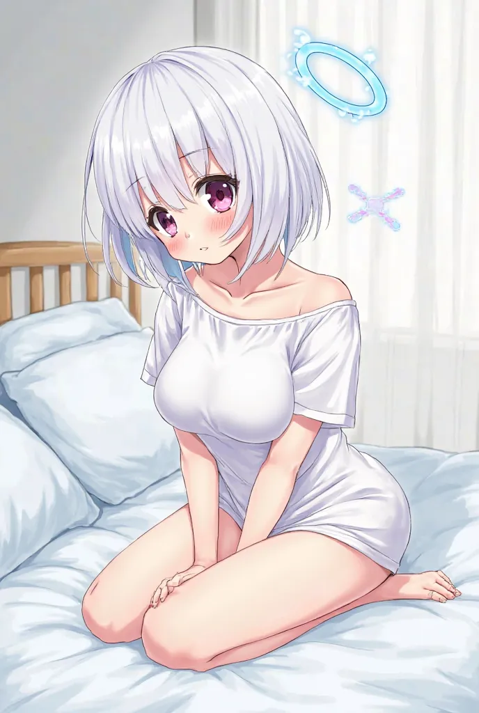 drawing of a girl with short white hair, short hair, bobcut, beautiful girl, light blue halo with light two pink cross beside, heterochromia, pink right eye, blue left eye, large breast, blush, background, daytime, bedroom, on bed, indoors, slim waist, gir...