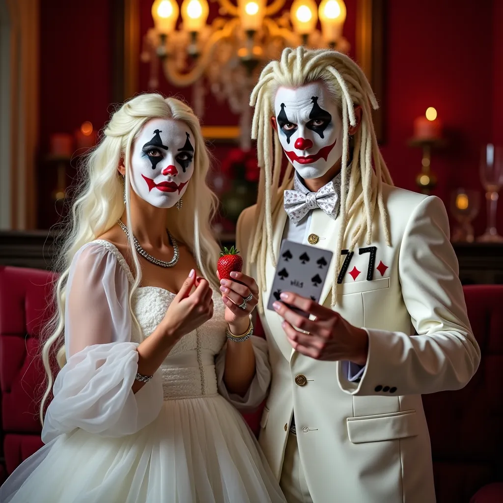 A vibrant and elegant couple dressed as clowns in a sophisticated and lively environment. The man wears a stylish white costume with the number '777' on his chest, has long white dreadlocks and clown makeup with black and red details around the eyes. Her e...