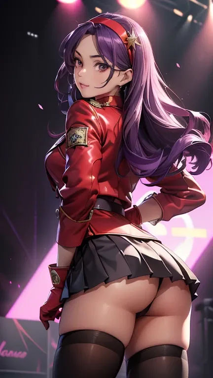 Athena Assam ，(( Beautiful long purple hair ， red headband ))，(8K，realistic， RAW photos，highest quality:1.28)，beautiful face，realistic lips， Beautiful and fine hair ，Charm，Intricate details， very beautiful and detailed ，( uniform red jacket ， Red gloves on...