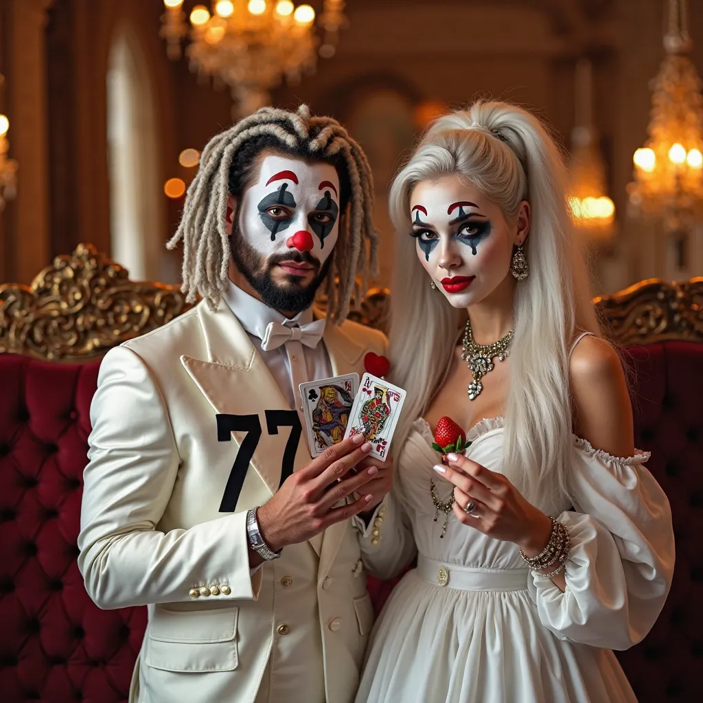 A vibrant and elegant couple dressed as clowns in a sophisticated and lively environment. The man wears a stylish white costume with the number '777' on his chest, has long white dreadlocks and clown makeup with black and red details around the eyes. Her e...