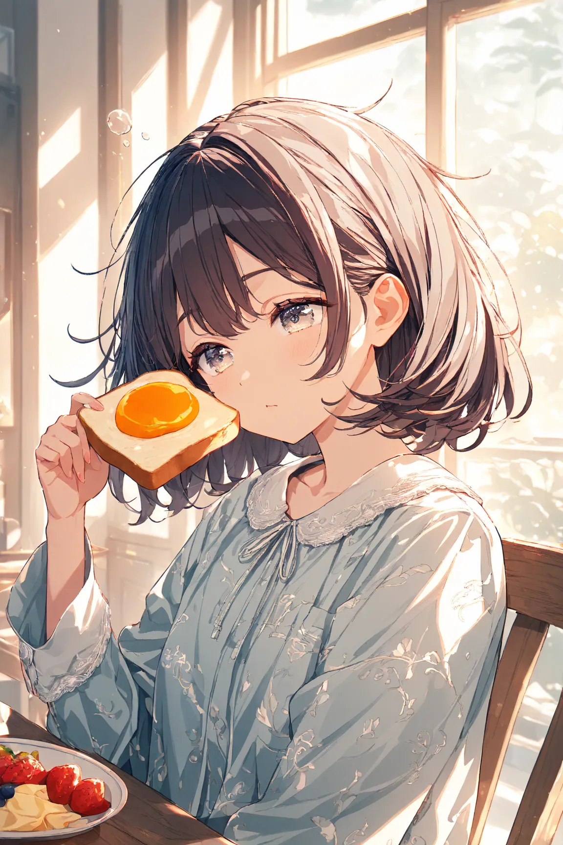 ((masterpiece , best quality,Super Detail)) , high definition,(Beautifully Detailed Eyes) , (very detailed face),one girl,Sleepy eyes, pajamas,I'm holding toast,breakfast,indoor,Home, table,sitting on a chair holding,simple background