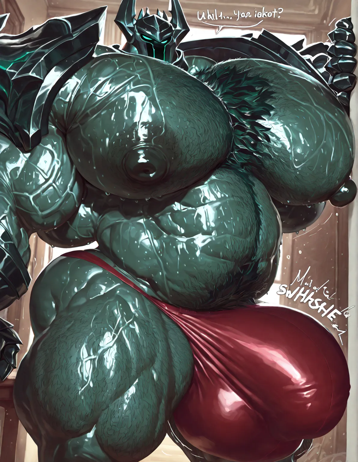 Realistic, detailed, Sexy muscular hairy figure, solo. mordedrkaiser, faceless , Beefy sweaty muscles. Thick chubby muscle, huge nipples. swole, bara, massive pecs, bulge, huge bulge, underwear, bulge, massive pecs, detailed, masterpiece, room background, ...