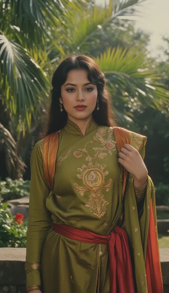 1989 film still, an enchanted malay Princess Mayang Pinang (Earthy Green-Gold modest attire with red silk on her shoulder scarf) - Strong and regal. Palm trees garden background. dreamy glow lighting, ethereal beauty, no forehead crown, no tikka