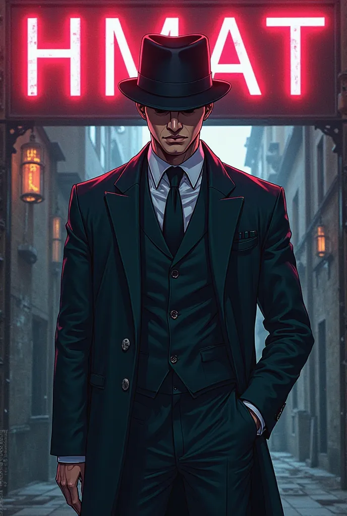 Um Peaky Blinder, with the acronym HMAT behind it anime style with another character 