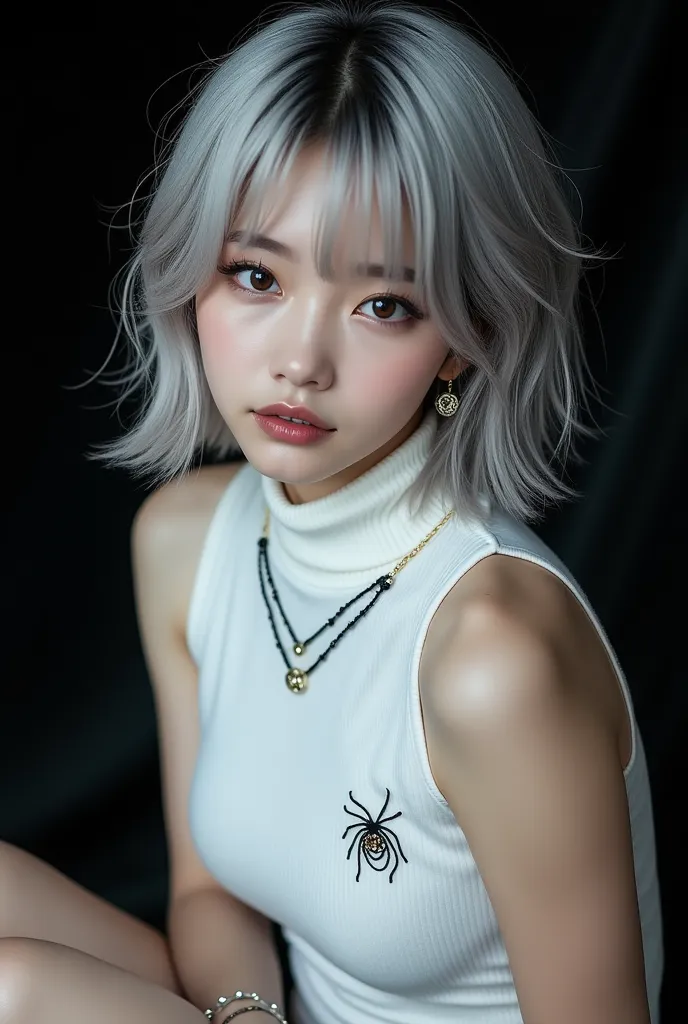 Wet white and ash-silver bicolor short hair full body portrait of a beautiful Japanese girl sitting on a ghoul。Kissing with a sweet expression and staring at them with an expression on their face has a bewitching atmosphere、wearing a tight white high neck ...