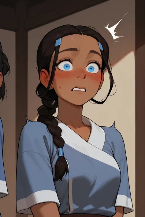 1girl, katara, long hair, blue eyes, brown hair, black hair, hair ornament, hairclip, braid, single braid, braided ponytail, dark skin, dark-skinned female, incoth, (incase:0.6), surprised, embarrassed, medium shot