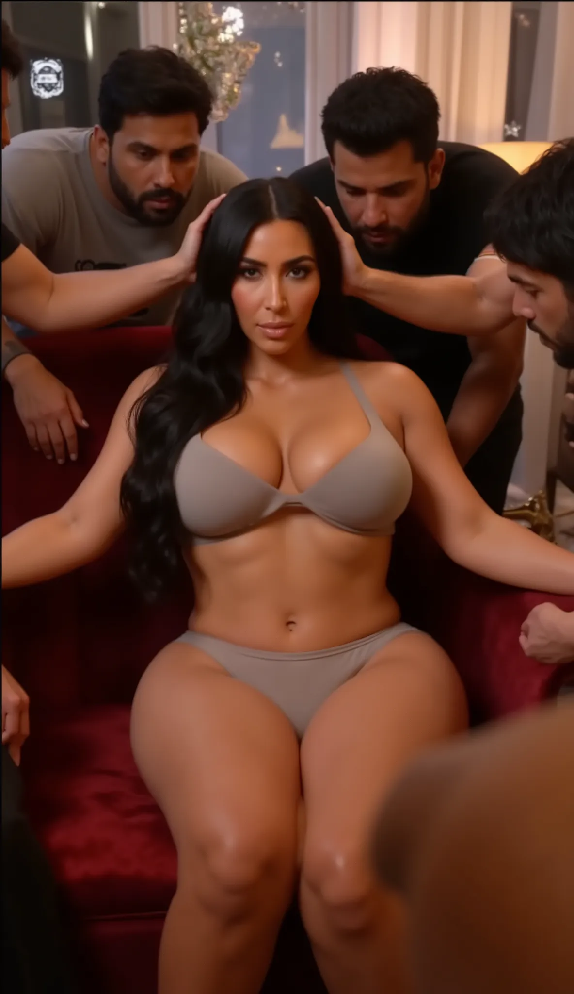 Kim Kardashian wear bikni look very hot sit on sofa and boys kiss her from behind her