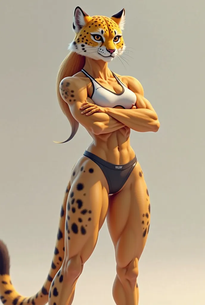 Create a muscular female mascot of a cheetah with arms crossed, with a serious and delicate face, with long gym clothes 