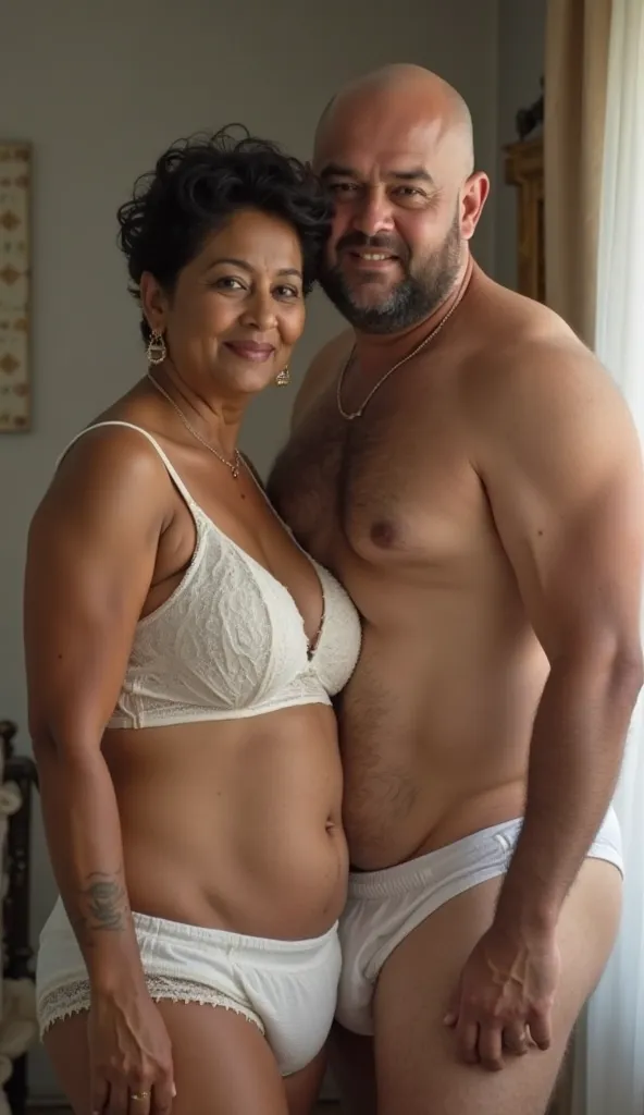 a beautiful indian 55 year old chubby fatty short booby aunty standing infront of mirror.  40 year old fatty very tall bald man hugging from behind. Aunty have Round face. Short curly black hair. Side hair line. Very Big large white designed bra and white ...