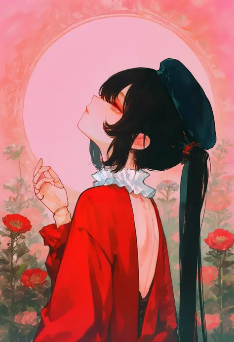 1 Girl,  black double ponytail curls, dark red short jacket ， Doll Joints ，European classical style， Beret ，long sleeve, with eyes closed, 樱flower,, upper body, pink Background, flower, frills, Raise your hand, Look Up,  short hair, Back, bare Back, medium...