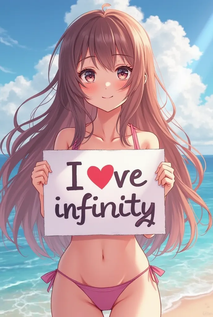  a beautiful and cute woman holding a sign "I love infinity ", happy, happy, anime illustration, photorealistic bikini, oil painting, close-up,Detailed face,Smiling expression,Animated posture , long shiny hair , Clear and smooth skin,big shiny eyes,heaven...