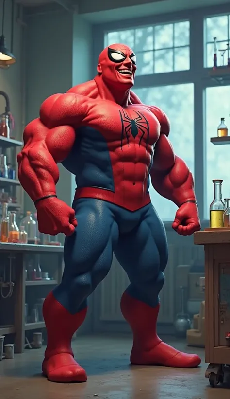 "Spider-Man is standing in the chemistry lab, his body now even larger and more muscular than Hulk’s. His red and blue suit is stretched tightly over his massive muscles, showcasing his bulging biceps, chest, and fully defined physique. He is laughing loud...