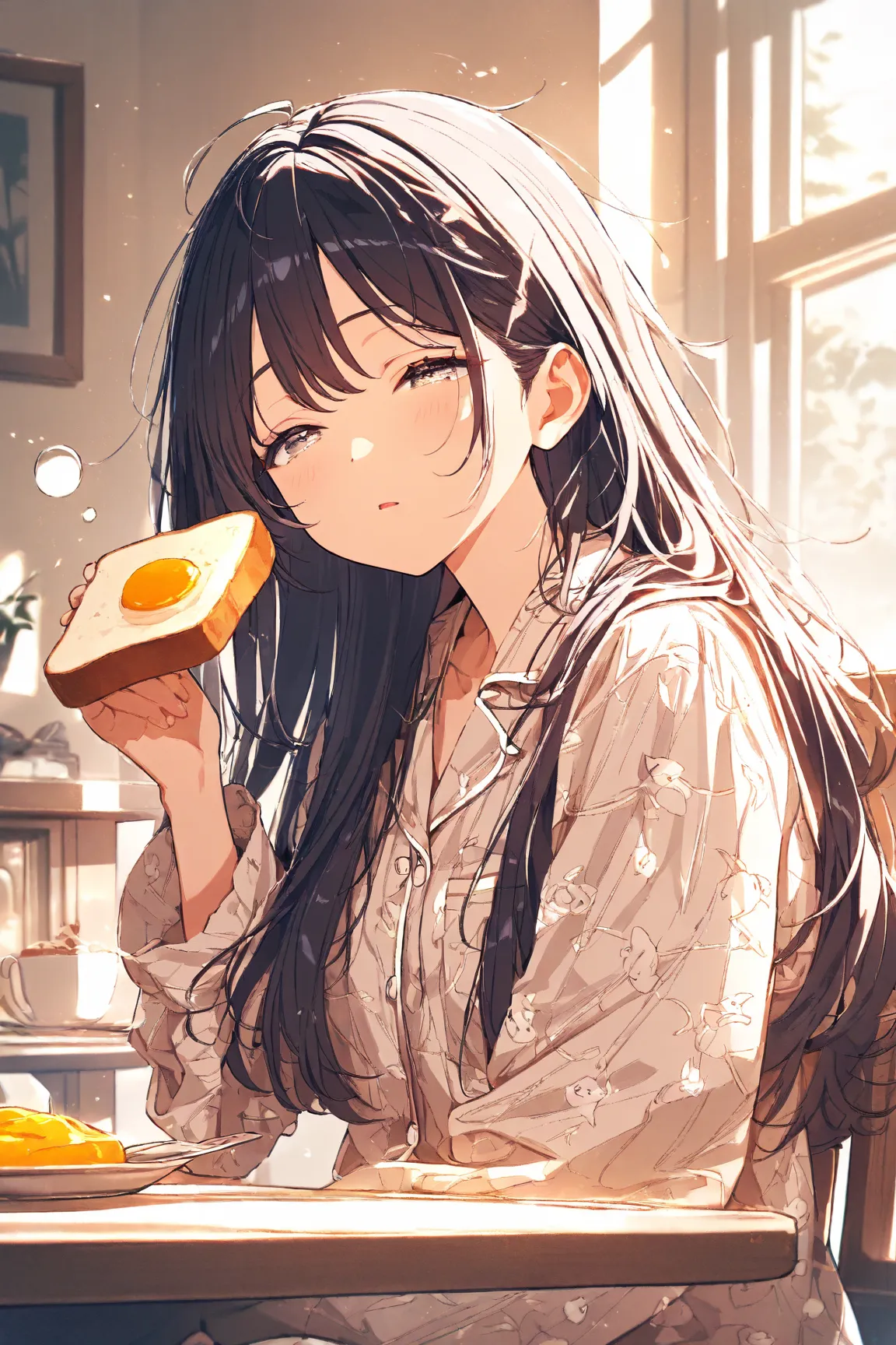 ((masterpiece , best quality,Super Detail)) , high definition,(Beautifully Detailed Eyes) , (very detailed face),Sleepy eyes,I'm holding toast,high school student, pajamas,one girl,breakfast,indoor,Home, table,sitting on a chair holding,simple background