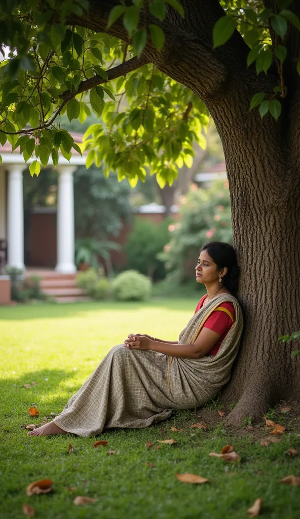 A 35-year-old Indian woman named Sawita sits alone in a peaceful house garden under a large tree. She wears a traditional Indian saree, her expression filled with sadness and deep contemplation. Her posture is slightly slouched, with her hands resting on h...