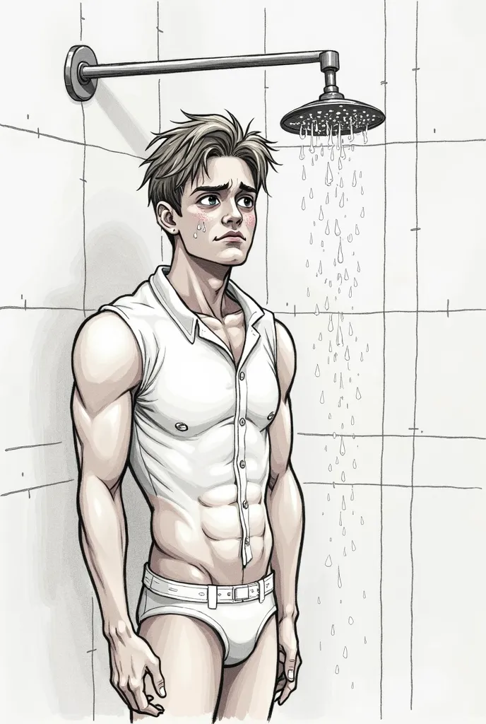 The drawing is set in a bathroom. A 16-year-old, anime-style, slightly muscular boy is standing in the shower of a very luxurious bathroom in a white shirt and thong, looking embarrassed and crying because he shit himself. The shower has no water. Meanwhil...