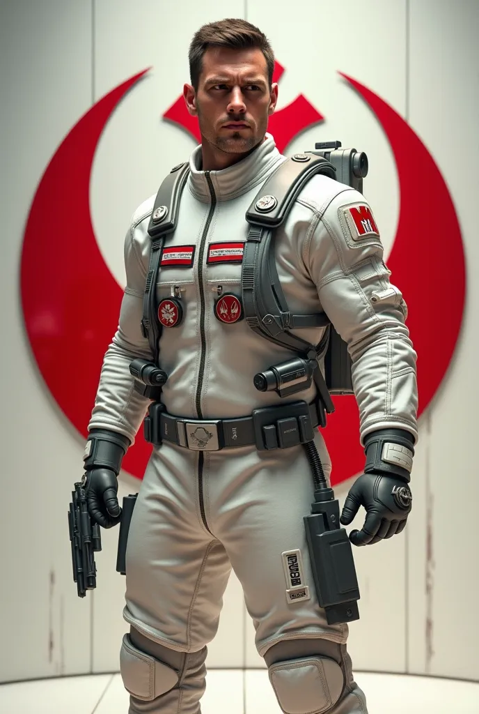 Star Wars episode 4 Xwing White American Musclar pilot with short black hair suit male with rebel Logo on the wall behind him White American male with the Logo Star Wars Welcome to the Rebellion 