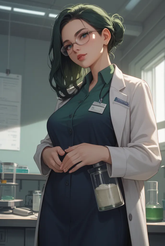 1 Scientist girl in her late 20's wearing a lab coat in a Science lab. Long, dark green loose hair and glasses with a perfect Aphrodite body