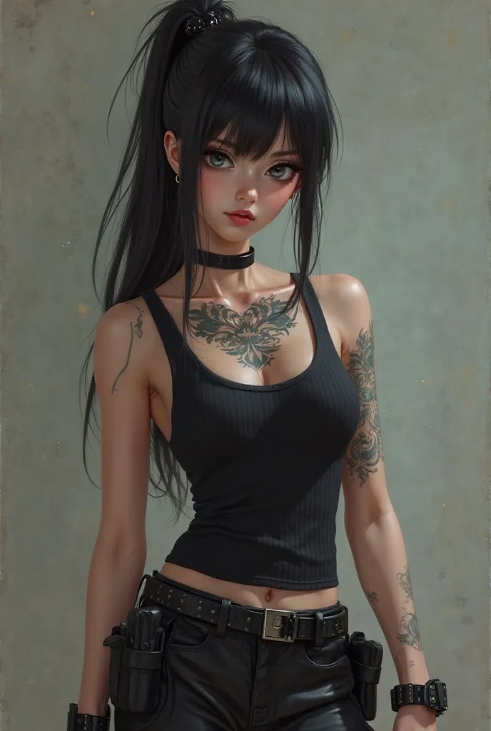  black hair,Black eye,ribbon ponytail bundle hair,Looks like a doll ,The right side of the body is below the eyebrow, the charm of a person's blue plum tattoo only on the left and right collarbone 

Black Ribbed Tank Top,black shorts,black military boots,B...