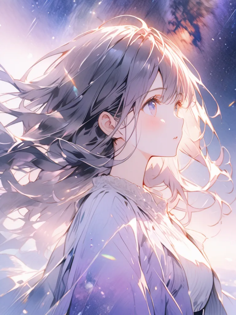 top quality, 1 female, looking up at the sky, shot from the front, long hair, very delicate, fantastic milky way, watercolor, Based on blue and purple , Lens Flare