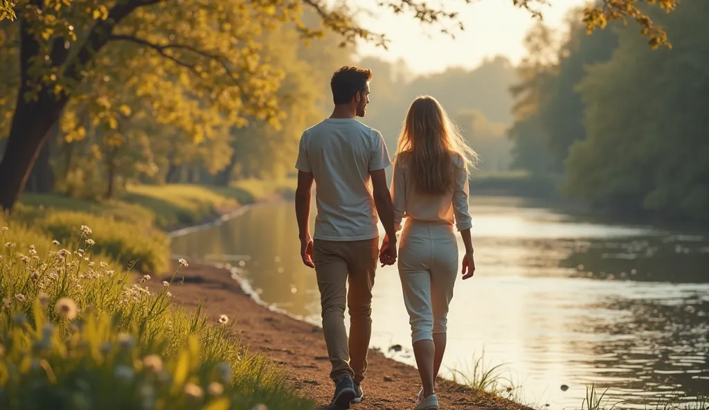  A 28-year-old man  , have brown hair spray,  and blue eyes, very attractive,  and a 25-year-old woman, long-haired blonde ,  family,  very beautiful and attractive , walking by a river .